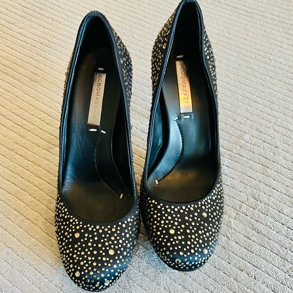 BCBGMAXAZARIA Black Satin & Champagne Rhinestone Round Toe 1"Platform Stilettos - Picture 2 of 9